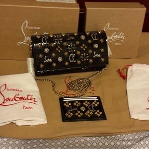 Christian Louboutin Black and Gold Embellished Clutch & card holder set